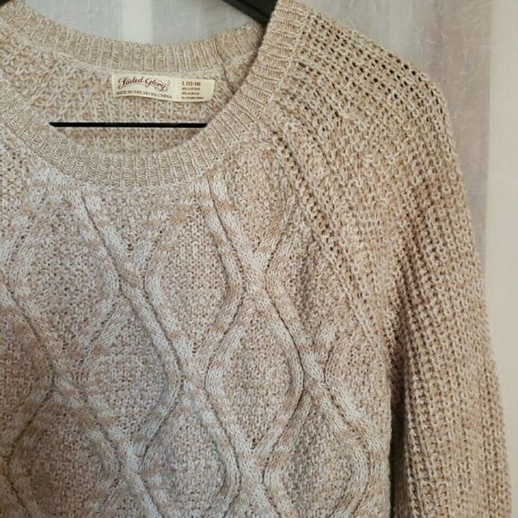 Faded Glory Sweater Size L Ivory Cable Knit Pullover Oatmeal Marl Cotton Blend - Picture 4 of 10